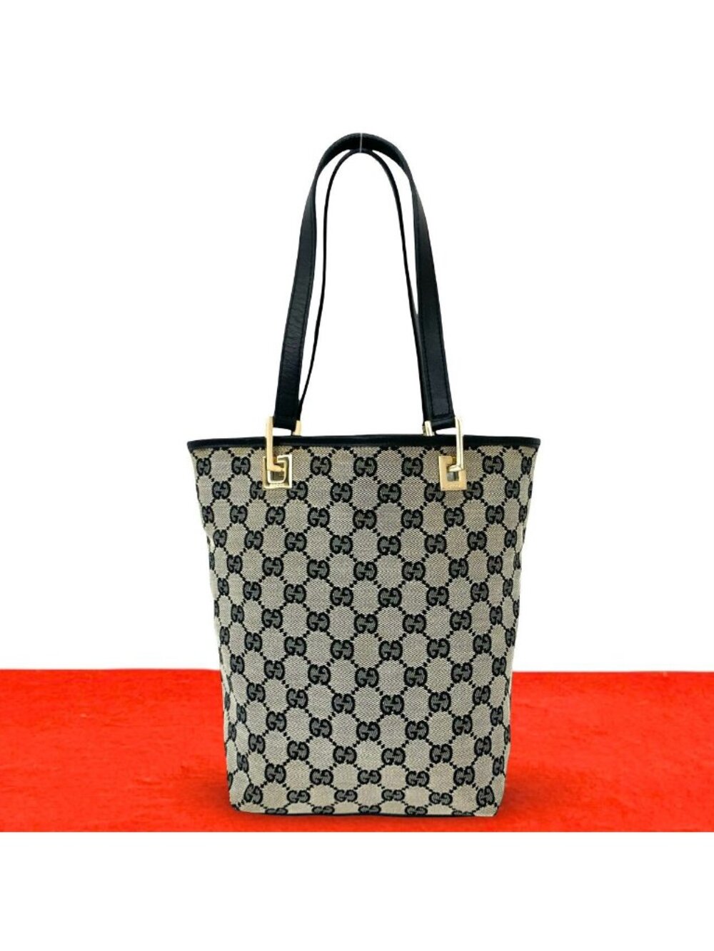 Gucci GG Logo Pattern Canvas Leather Handbag Mini Tote Black